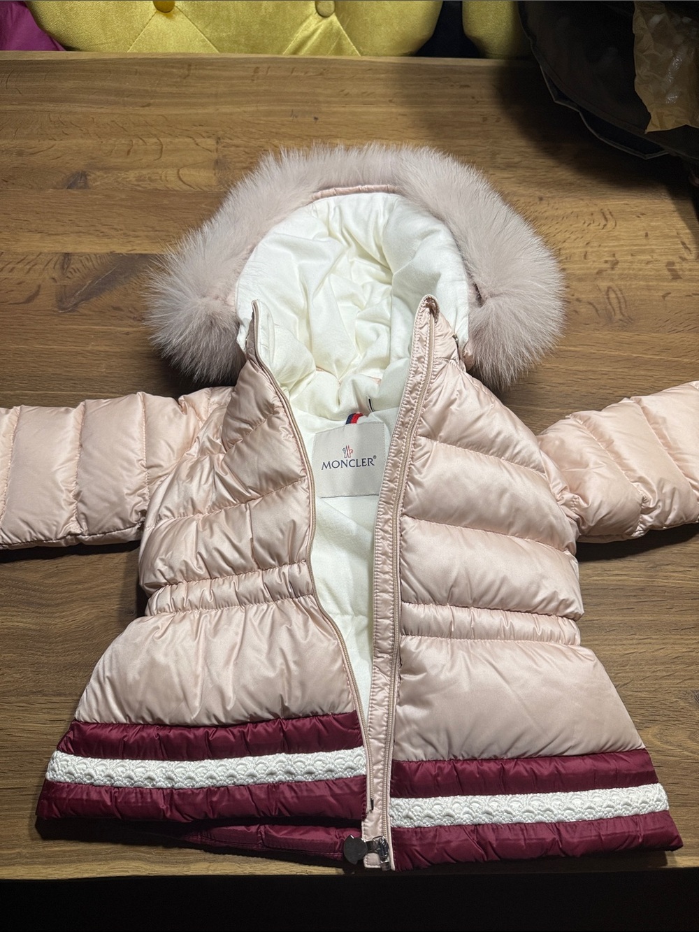 Moncler Kids Blush Pink Faux-Fur Hood Quilted Puffer Jacket with Burgundy Trim
